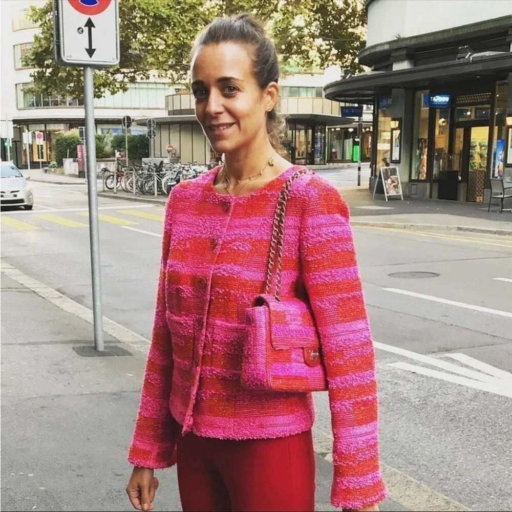 CHANEL Hot Pink Orange Gold Metallic Thread tweed Cropped Jacket 2001 C Size 34